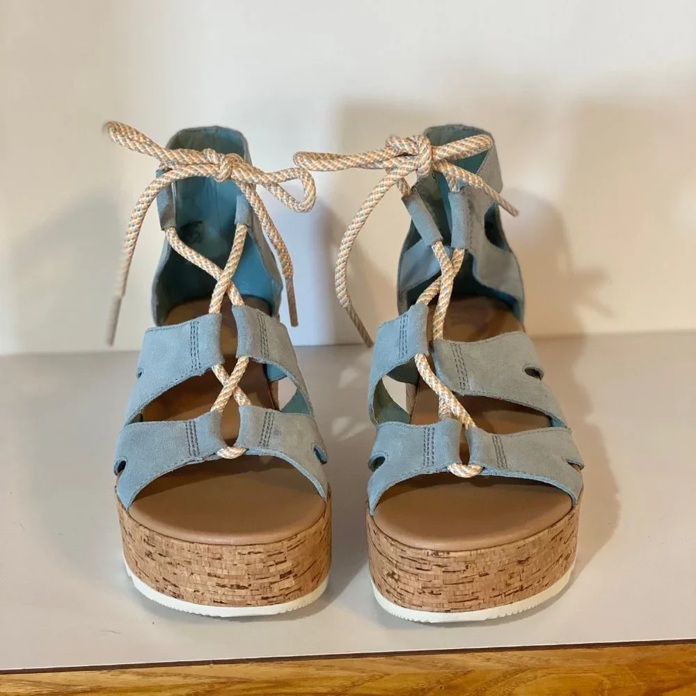 Sorel Blue Suede Cork Platform Sandals with Rope Laces